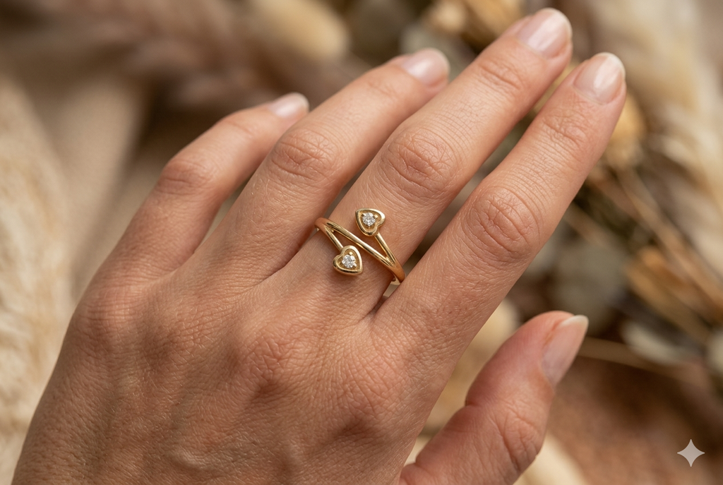 Anillo Doble Corazón con CZ en Oro 10K