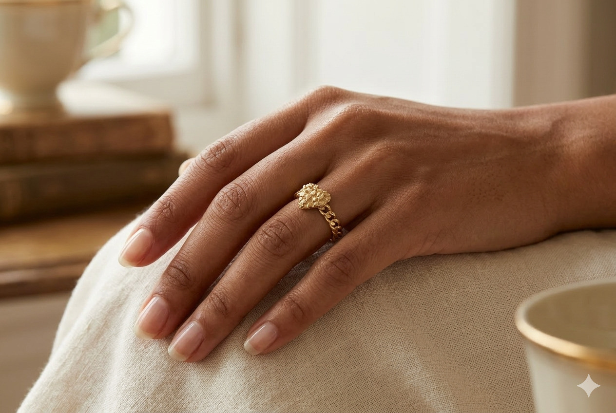 Anillo Corazón Texturizado con Banda de Cadena en Oro 10K