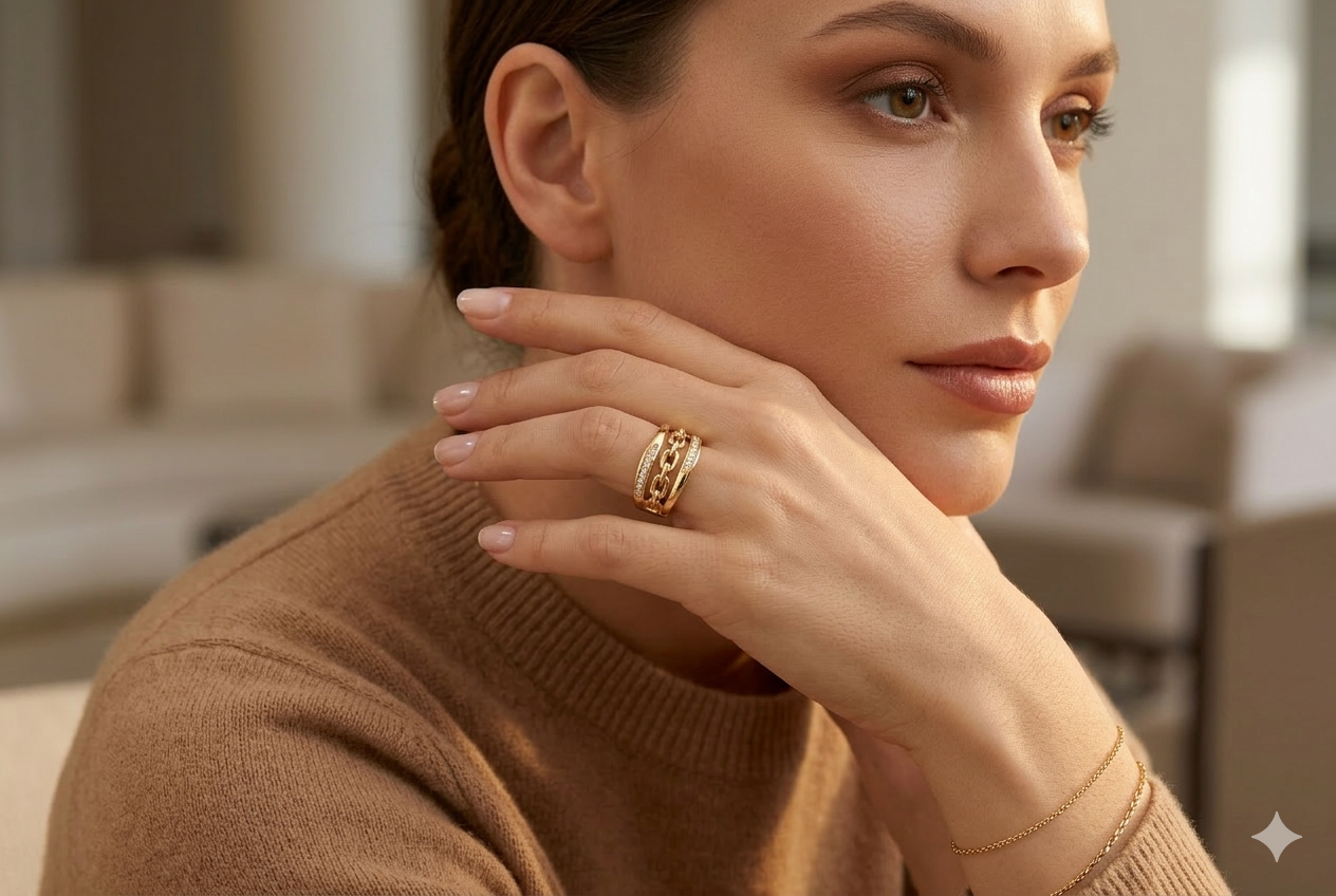 Anillo Eslabón con CZ en Oro 10K – Diseño Statement