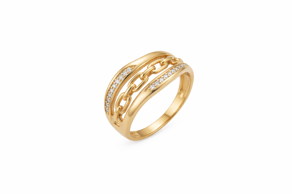 Anillo Eslabón con CZ en Oro 10K – Diseño Statement