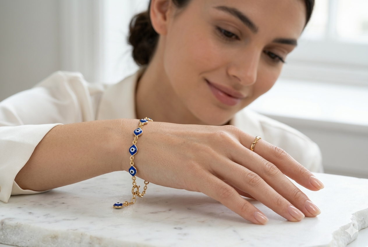 Pulsera Ojo Turco en Oro 10K Ajustable (Azul / Rojo)