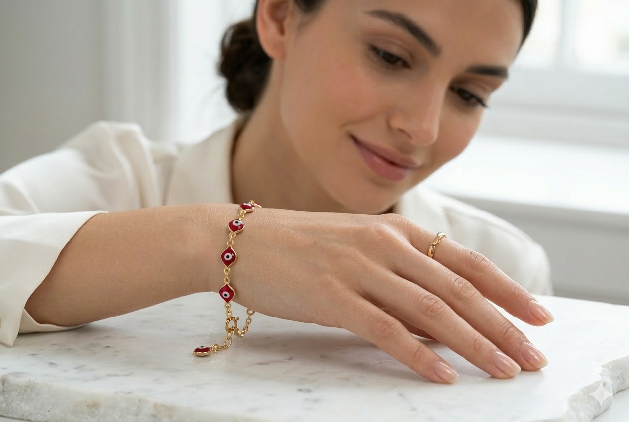 Pulsera Ojo Turco en Oro 10K Ajustable (Azul / Rojo)