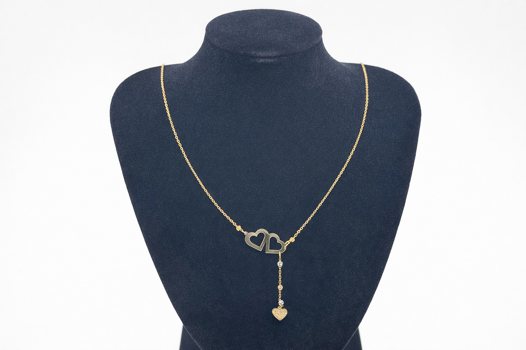 Cadena de Doble Corazón en Oro 14K con Caída