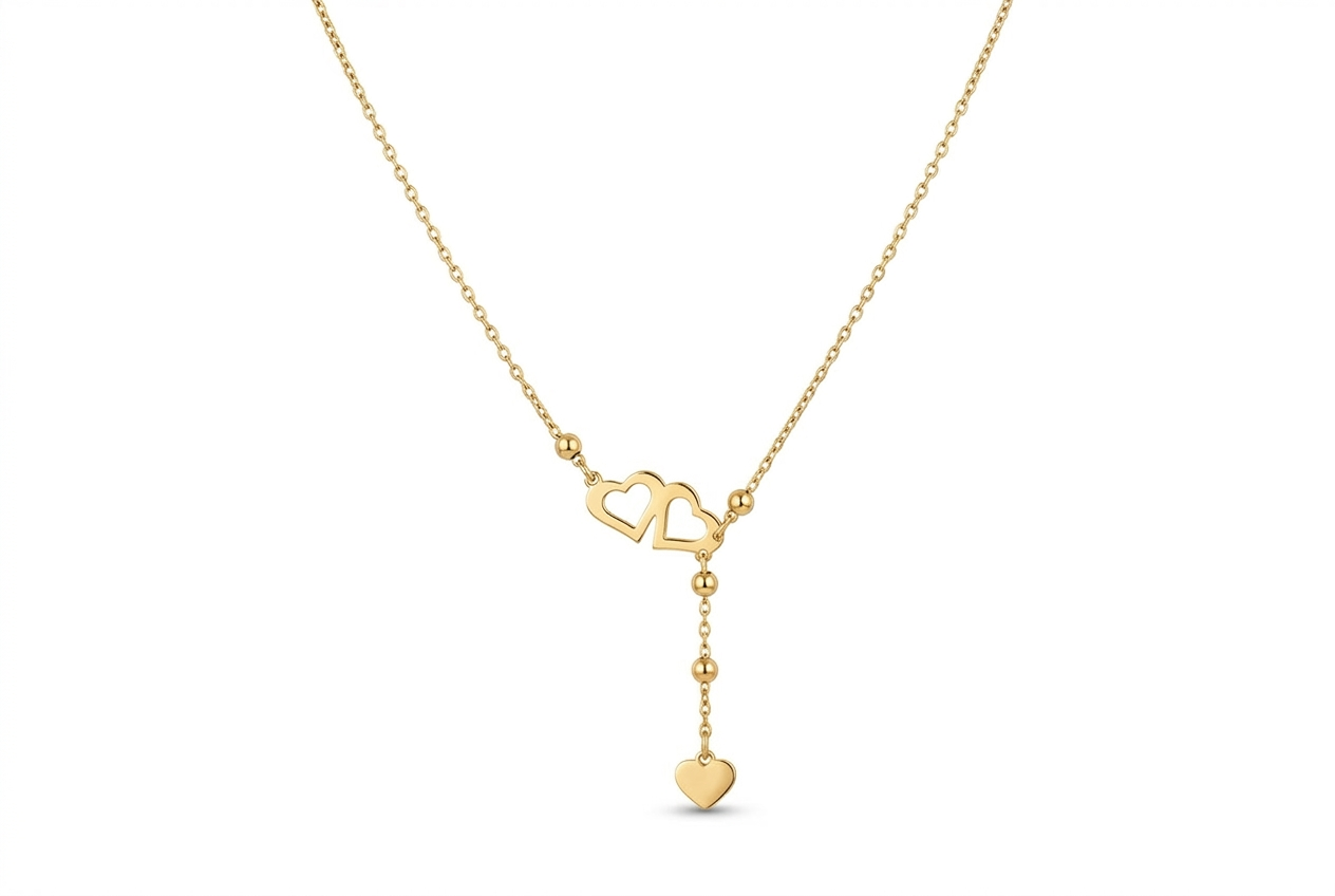 Cadena de Doble Corazón en Oro 14K con Caída