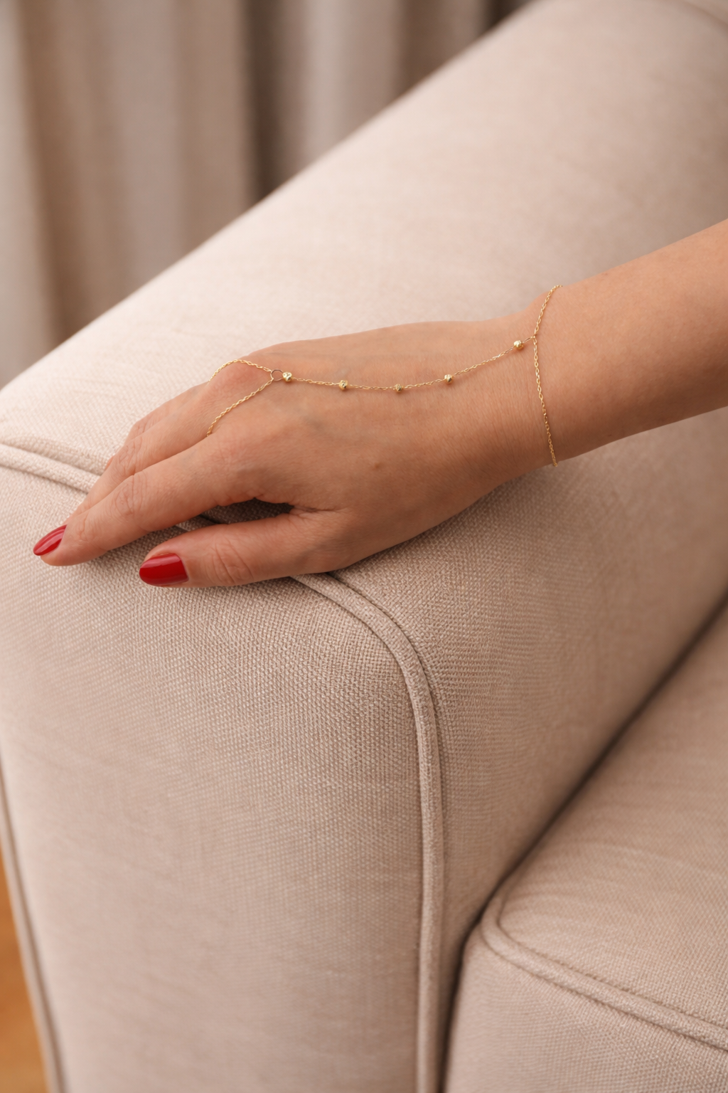 14K Gold Hand Chain Bracelet with Beaded Accents
