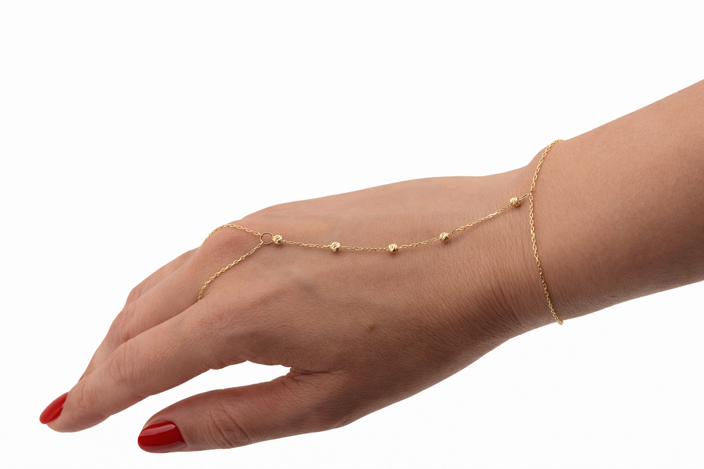14K Gold Hand Chain Bracelet with Beaded Accents