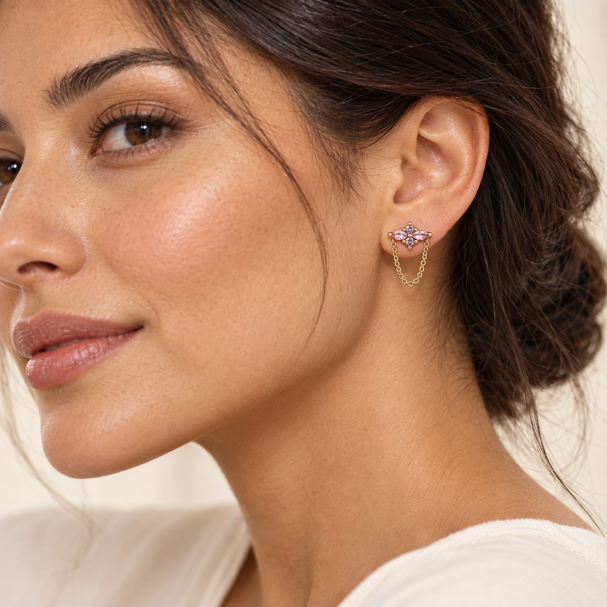 Aretes con piedras y cadena 14K