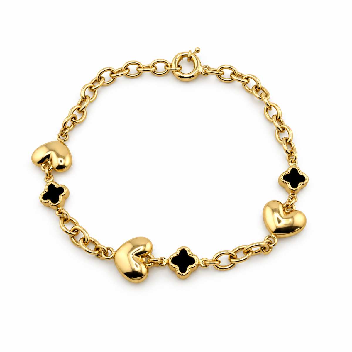 Pulsera de corazones y tréboles negros 10K
