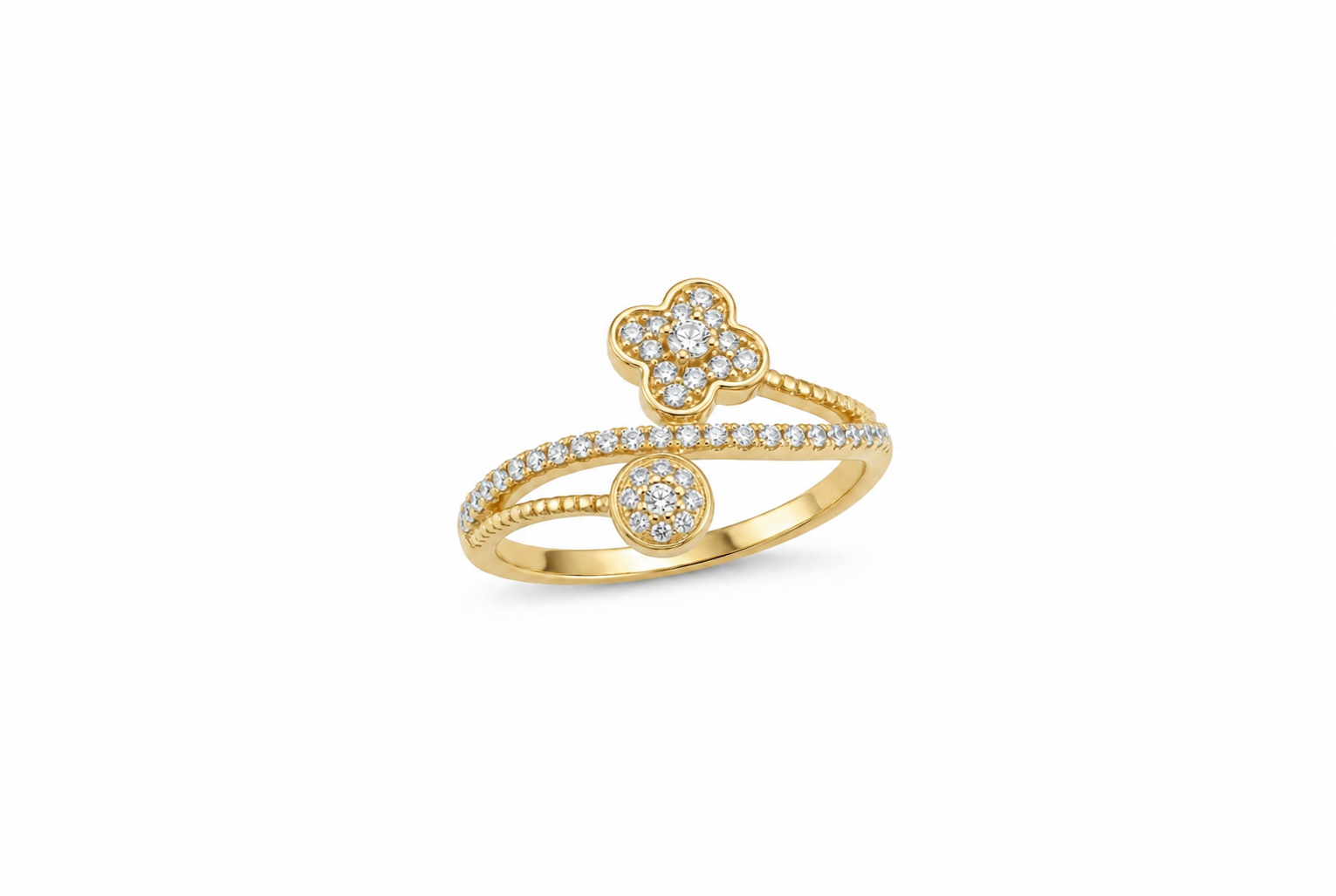 Anillo Bypass Flor y Círculo con CZ en Oro 10K