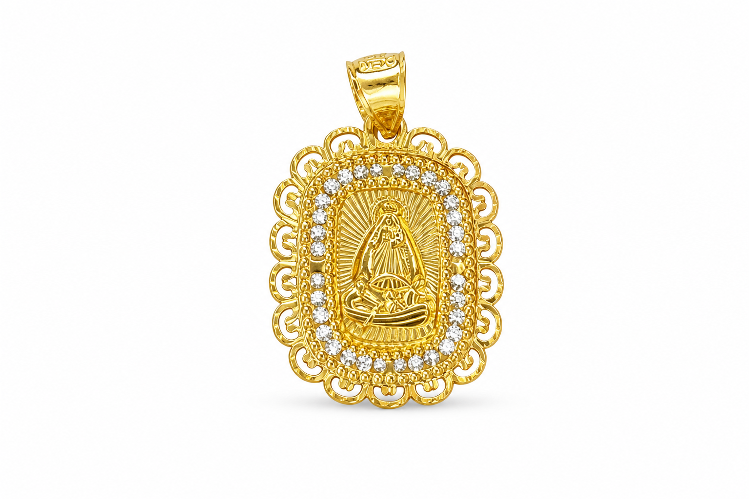 Dije religioso en oro amarillo con marco decorativo